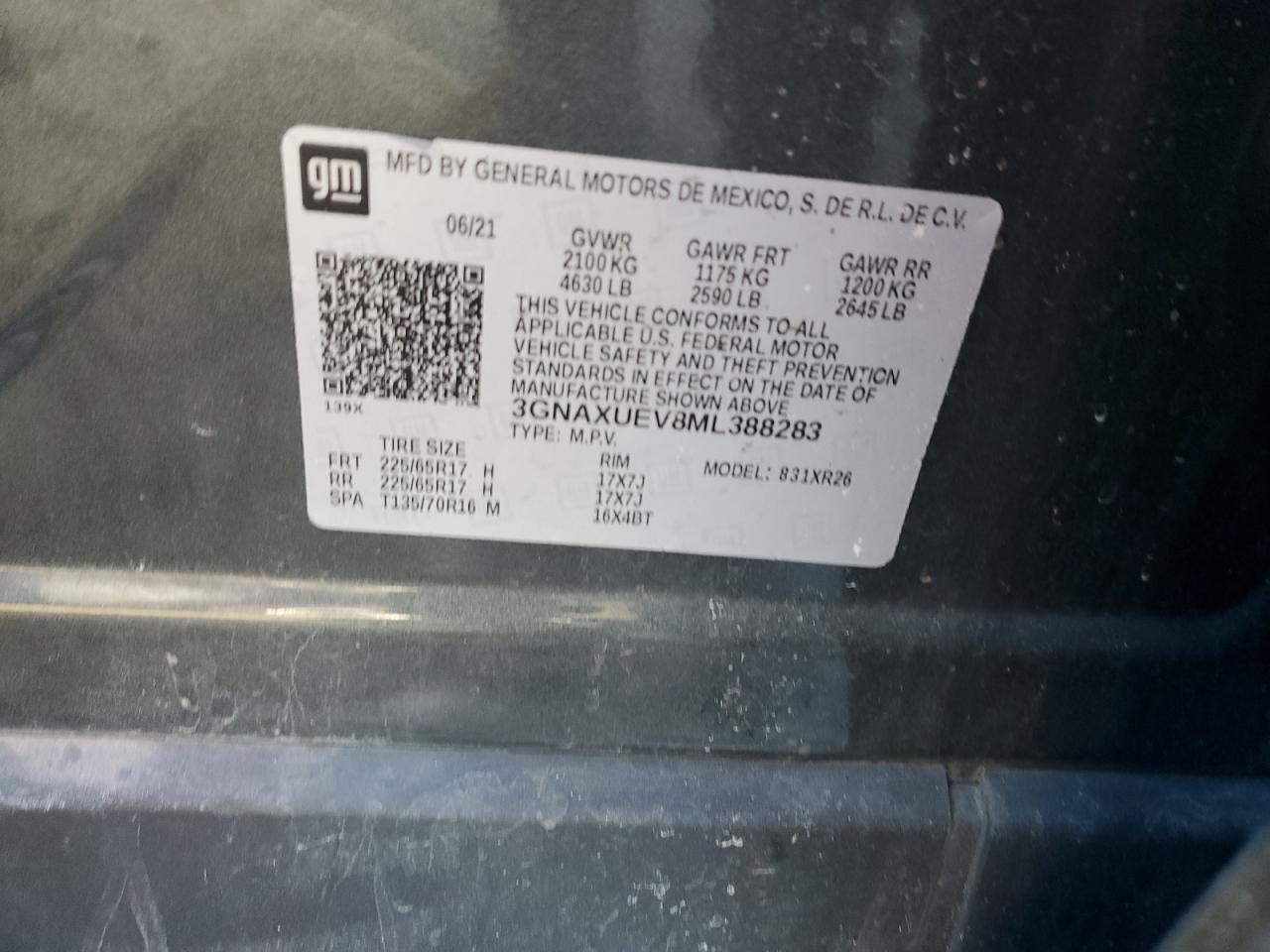 2021 Chevrolet Equinox VIN 3GNAXUEV8ML388283 Copart auction photo, rear end damage thumbnail 12