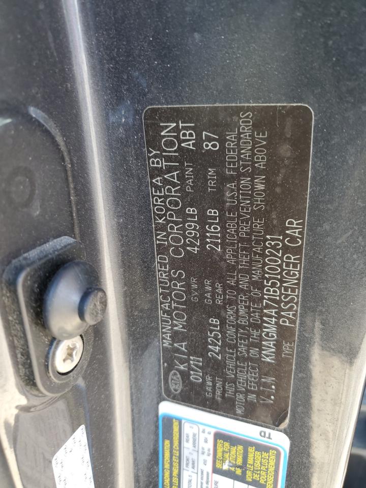 2011 KIA Optima VIN KNAGM4A71B5100231 Copart auction photo, rear end / side damage thumbnail 12
