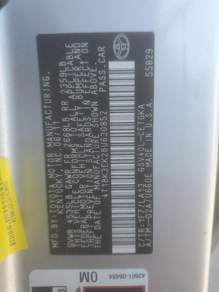 2011 Toyota Camry VIN 4T1BK3EK2BU630852 Copart auction photo, side / front end damage thumbnail 12