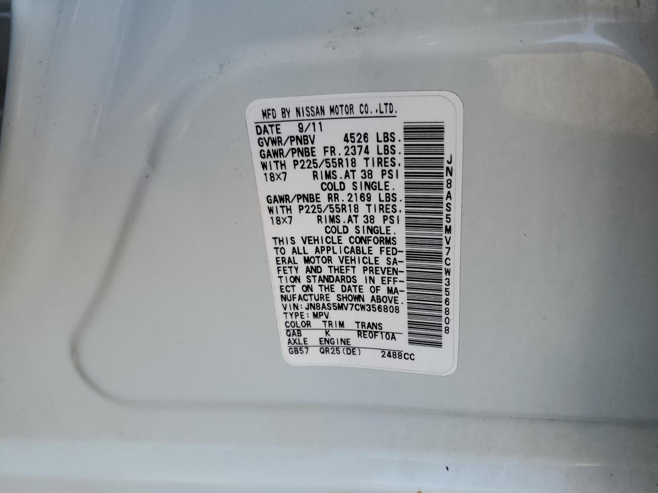 2012 Nissan Rogue VIN JN8AS5MV7CW356808 Copart auction photo, side / front end damage thumbnail 12