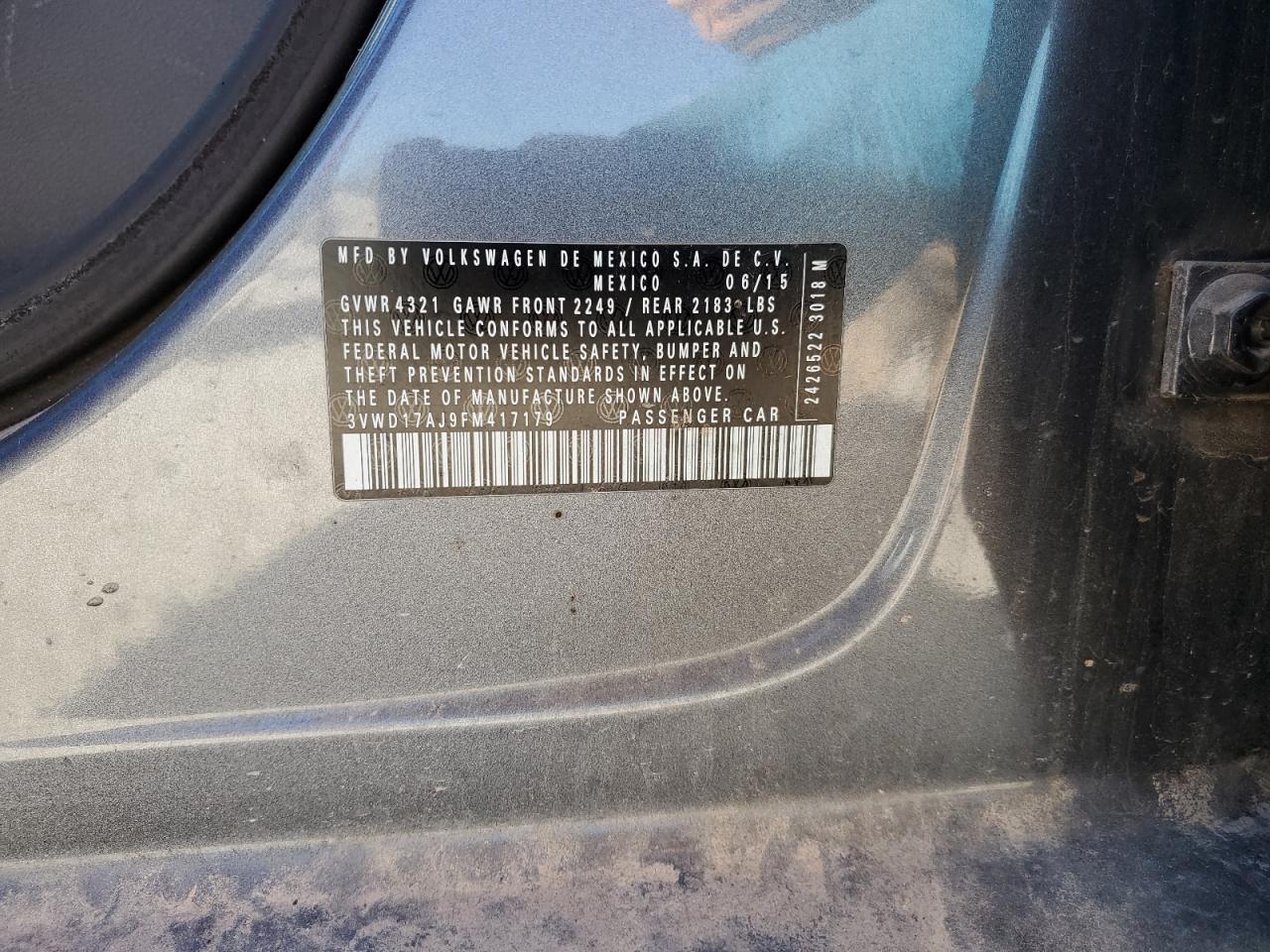 2015 Volkswagen Jetta VIN 3VWD17AJ9FM417179 Copart auction photo, rear end / minor dent/scratches damage thumbnail 13
