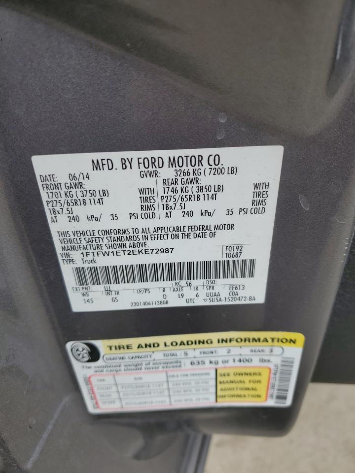2014 Ford F-150 VIN 1FTFW1ET2EKE72987 Copart auction photo, all over damage thumbnail 12