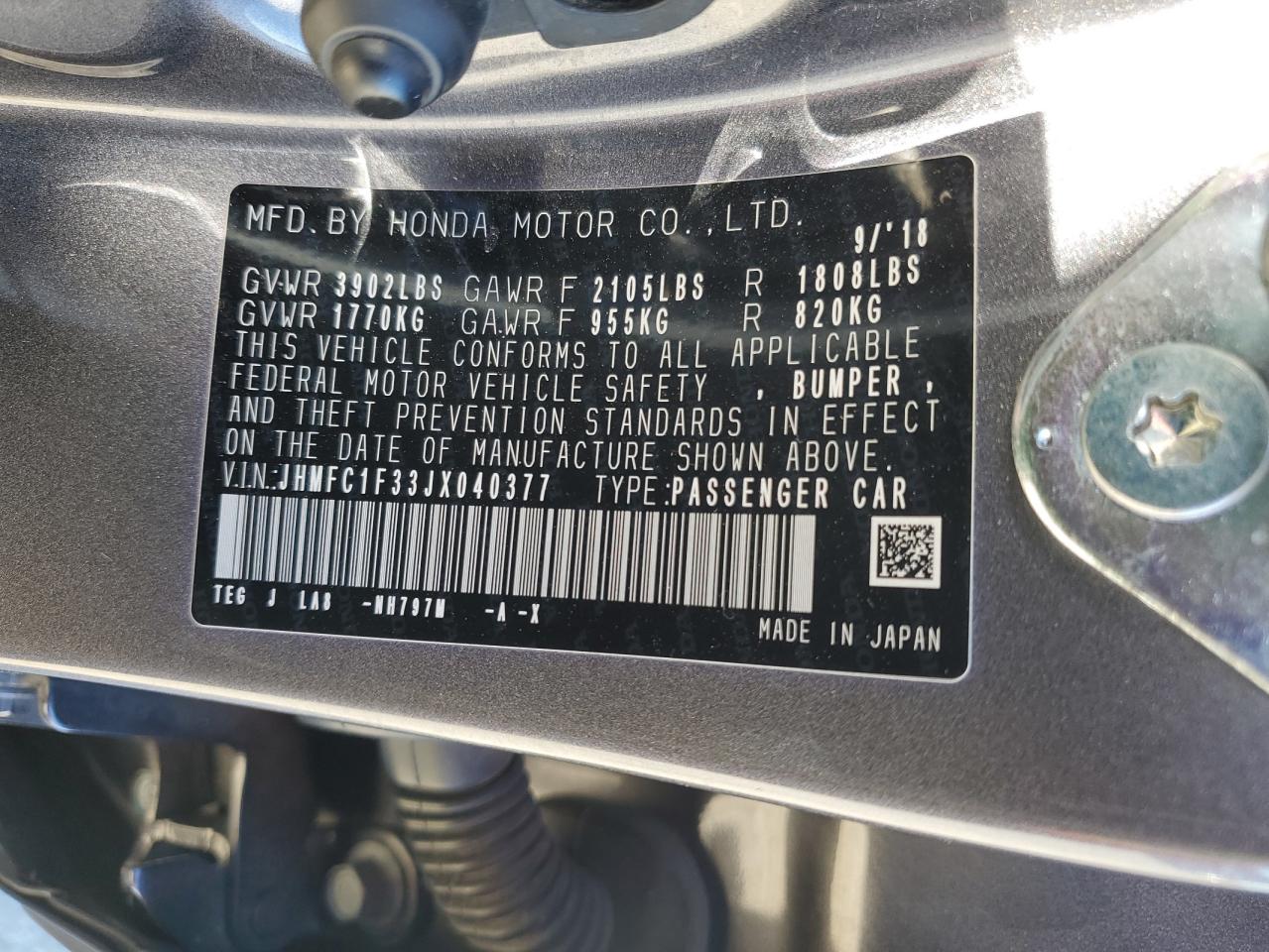 2018 Honda Civic VIN JHMFC1F33JX040377 Copart auction photo, all over damage thumbnail 14