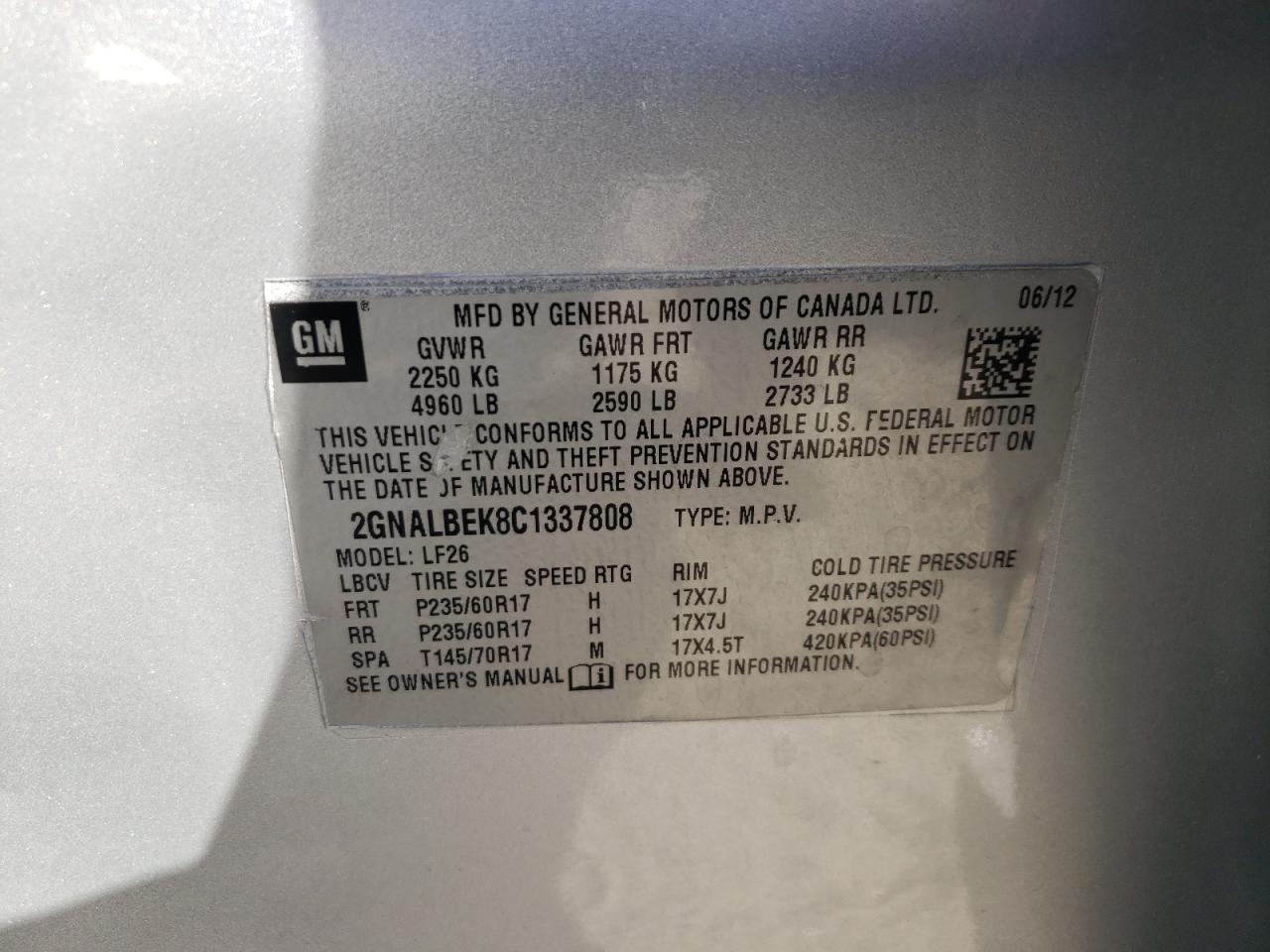 2012 Chevrolet Equinox VIN 2GNALBEK8C1337808 Copart auction photo, front end damage thumbnail 16