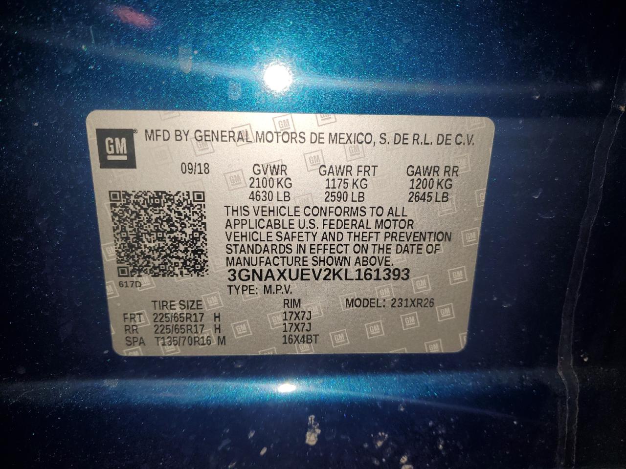 2019 Chevrolet Equinox VIN 3GNAXUEV2KL161393 Copart auction photo, front end damage thumbnail 12