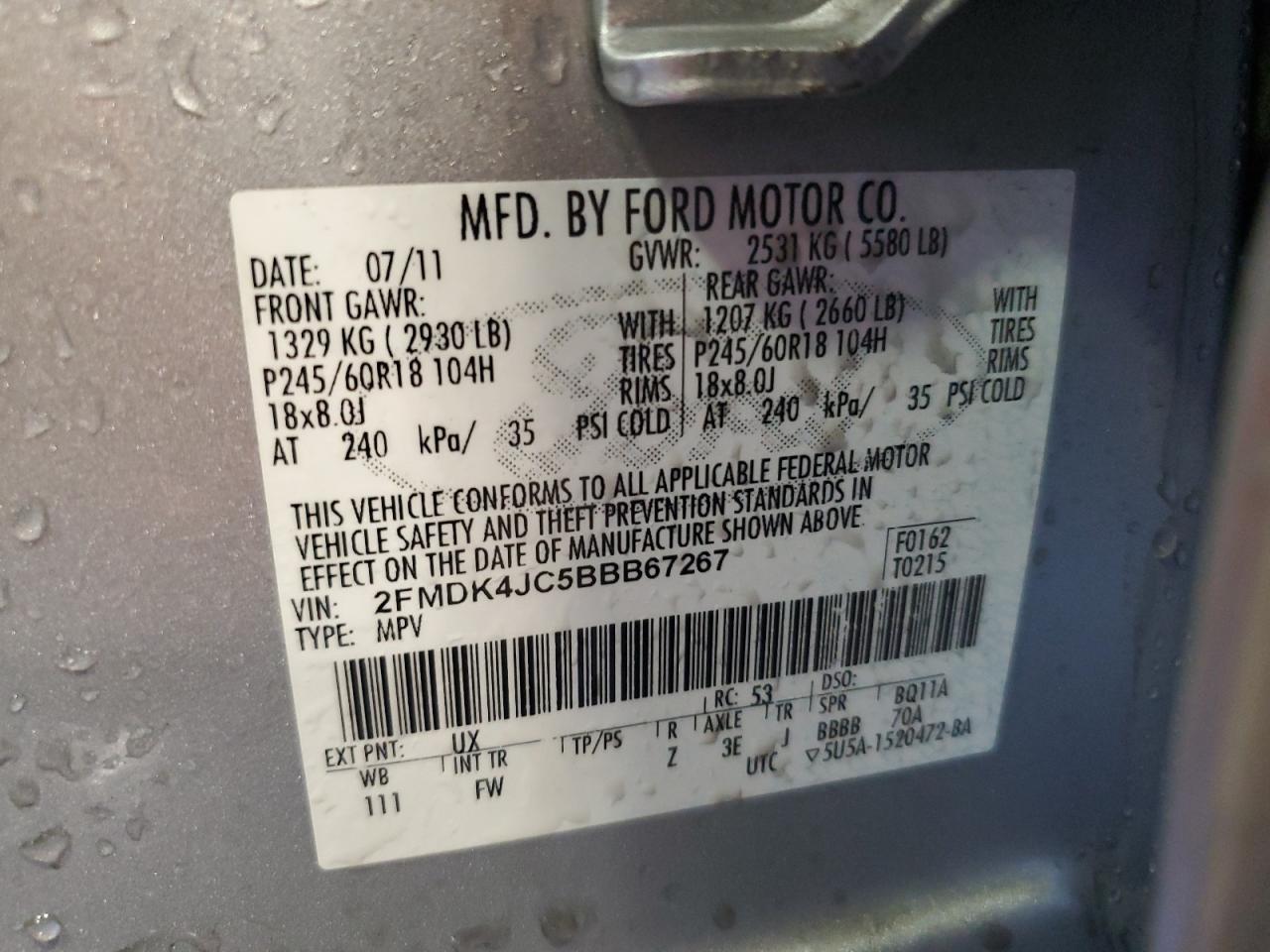 2011 Ford Edge VIN 2FMDK4JC5BBB67267 Copart auction photo, side / front end damage thumbnail 13