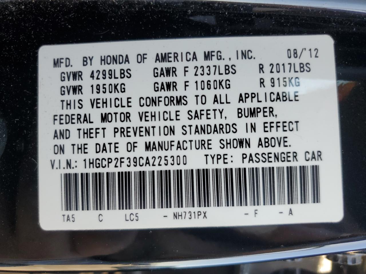 2012 Honda Accord VIN 1HGCP2F39CA225300 Copart auction photo, front end damage thumbnail 13