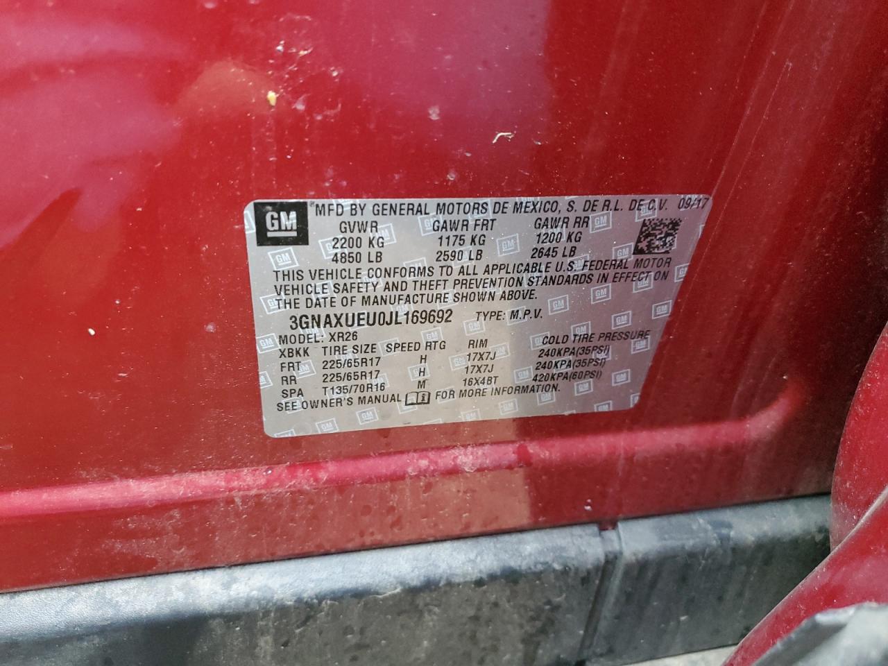 2018 Chevrolet Equinox VIN 3GNAXUEU0JL169692 Copart auction photo, front end damage thumbnail 13