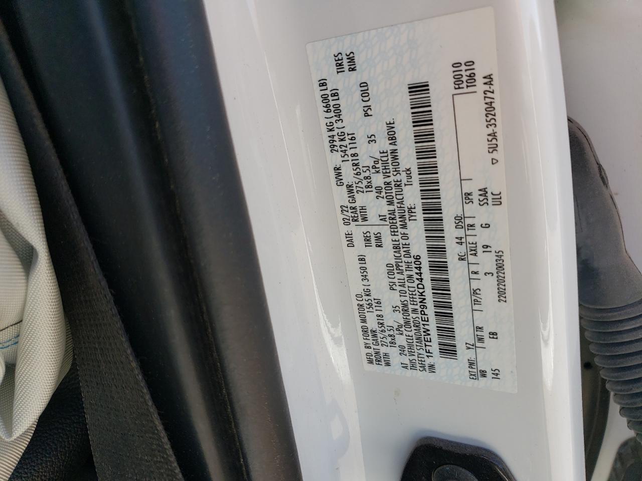 2022 Ford F-150 VIN 1FTEW1EP9NKD44406 Copart auction photo, side / undercarriage damage thumbnail 13