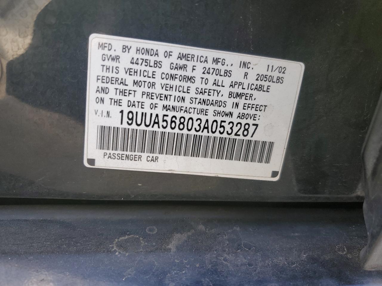 2003 Acura TL VIN 19UUA56803A053287 Copart auction photo, rear end damage thumbnail 13