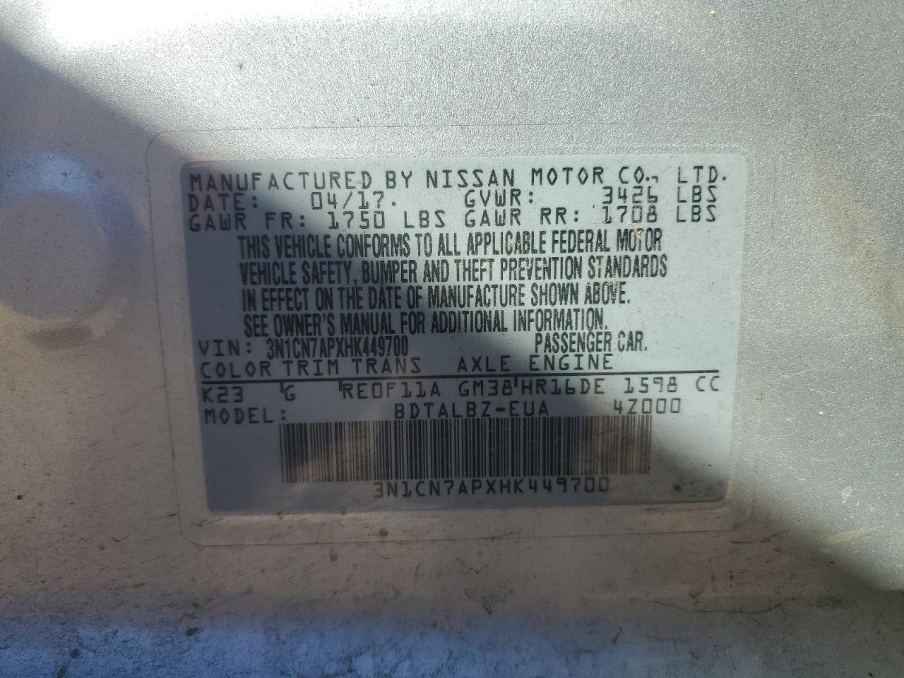 2017 Nissan Versa VIN 3N1CN7APXHK449700 Copart auction photo, front end / minor dent/scratches damage thumbnail 12