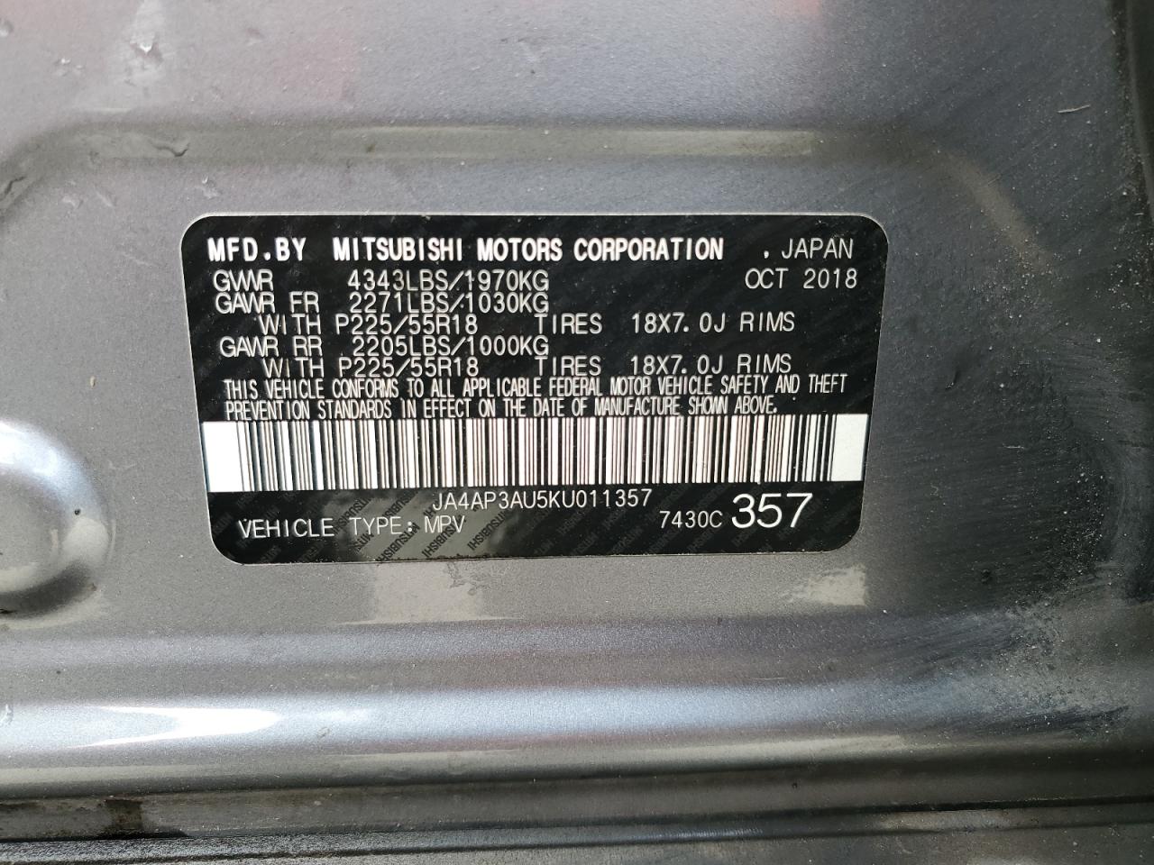 2019 Mitsubishi Outlander VIN JA4AP3AU5KU011357 Copart auction photo, front end damage thumbnail 14