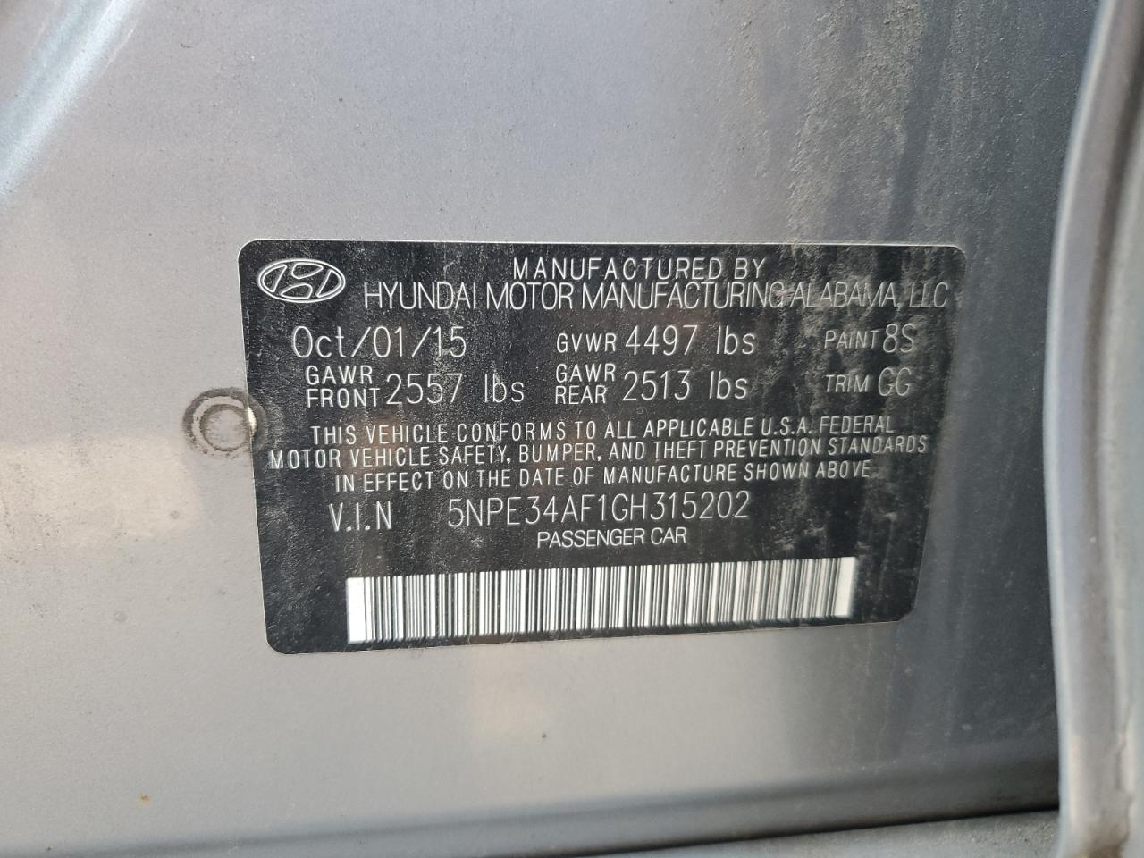 2016 Hyundai Sonata VIN 5NPE34AF1GH315202 Copart auction photo, front end / side damage thumbnail 15