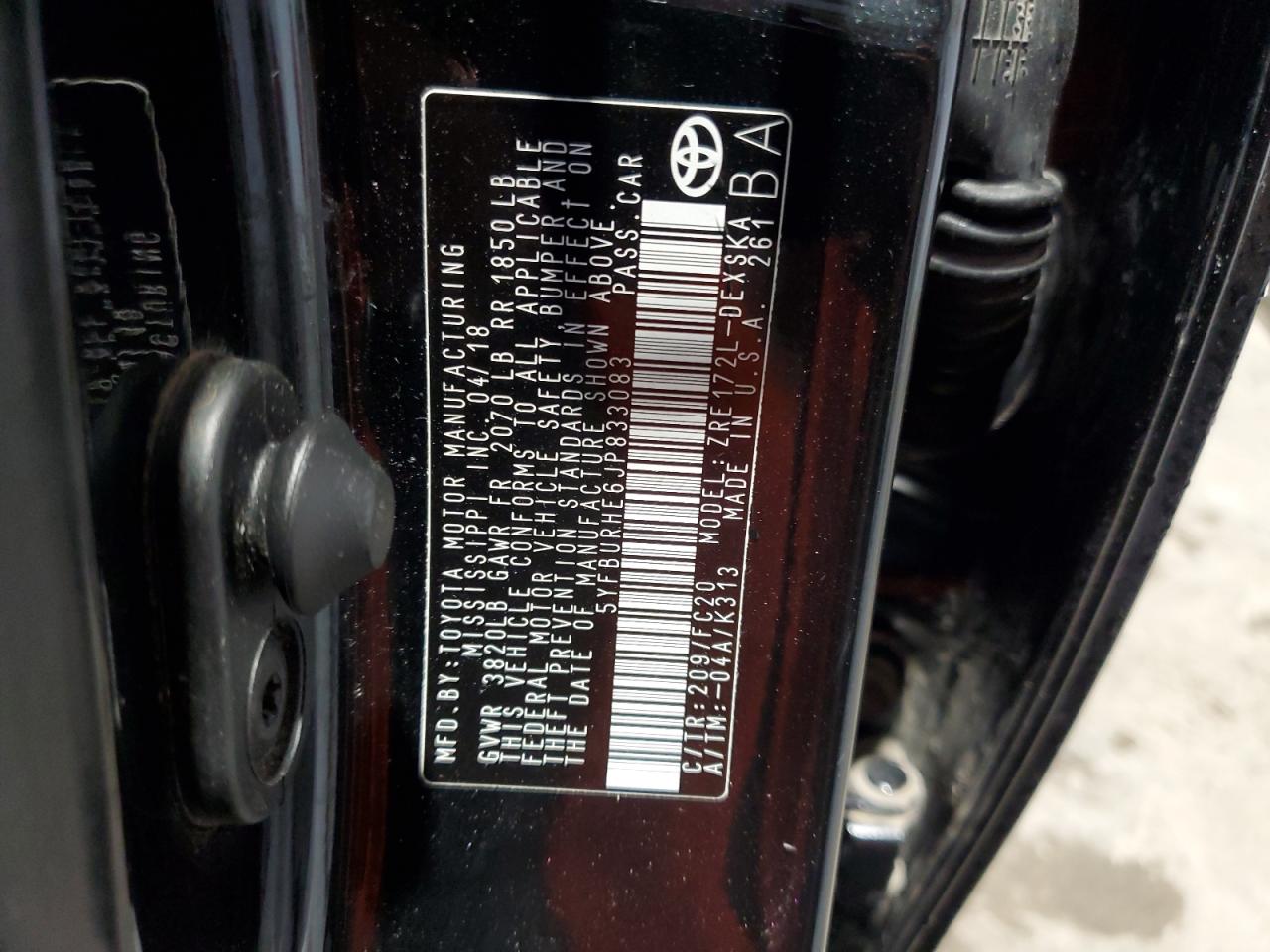 2018 Toyota Corolla VIN 5YFBURHE6JP833083 Copart auction photo, rear end / front end damage thumbnail 12