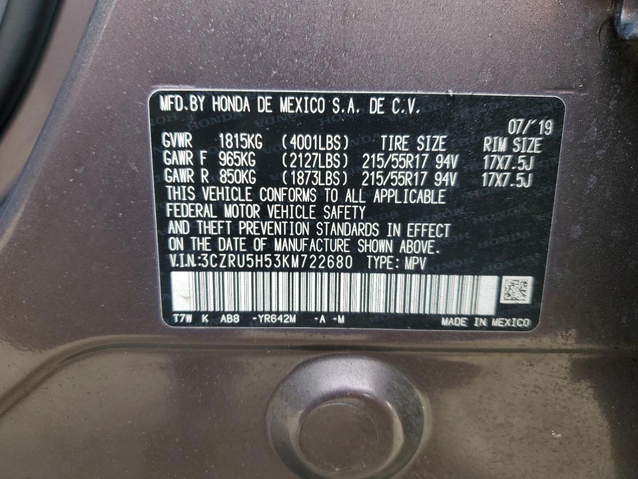 2019 Honda HR-V VIN 3CZRU5H53KM722680 Copart auction photo, front end damage thumbnail 14