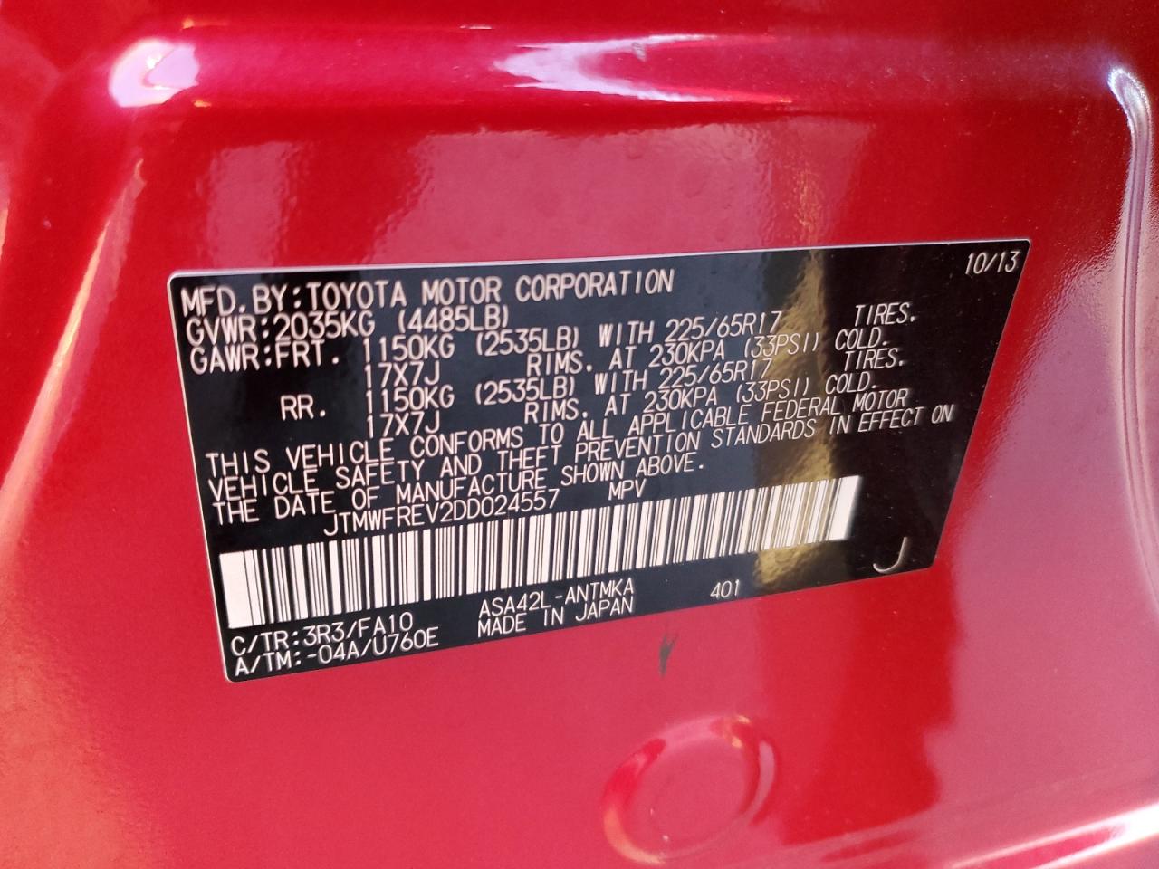 2013 Toyota RAV 4 VIN JTMWFREV2DD024557 Copart auction photo, mechanical damage thumbnail 14