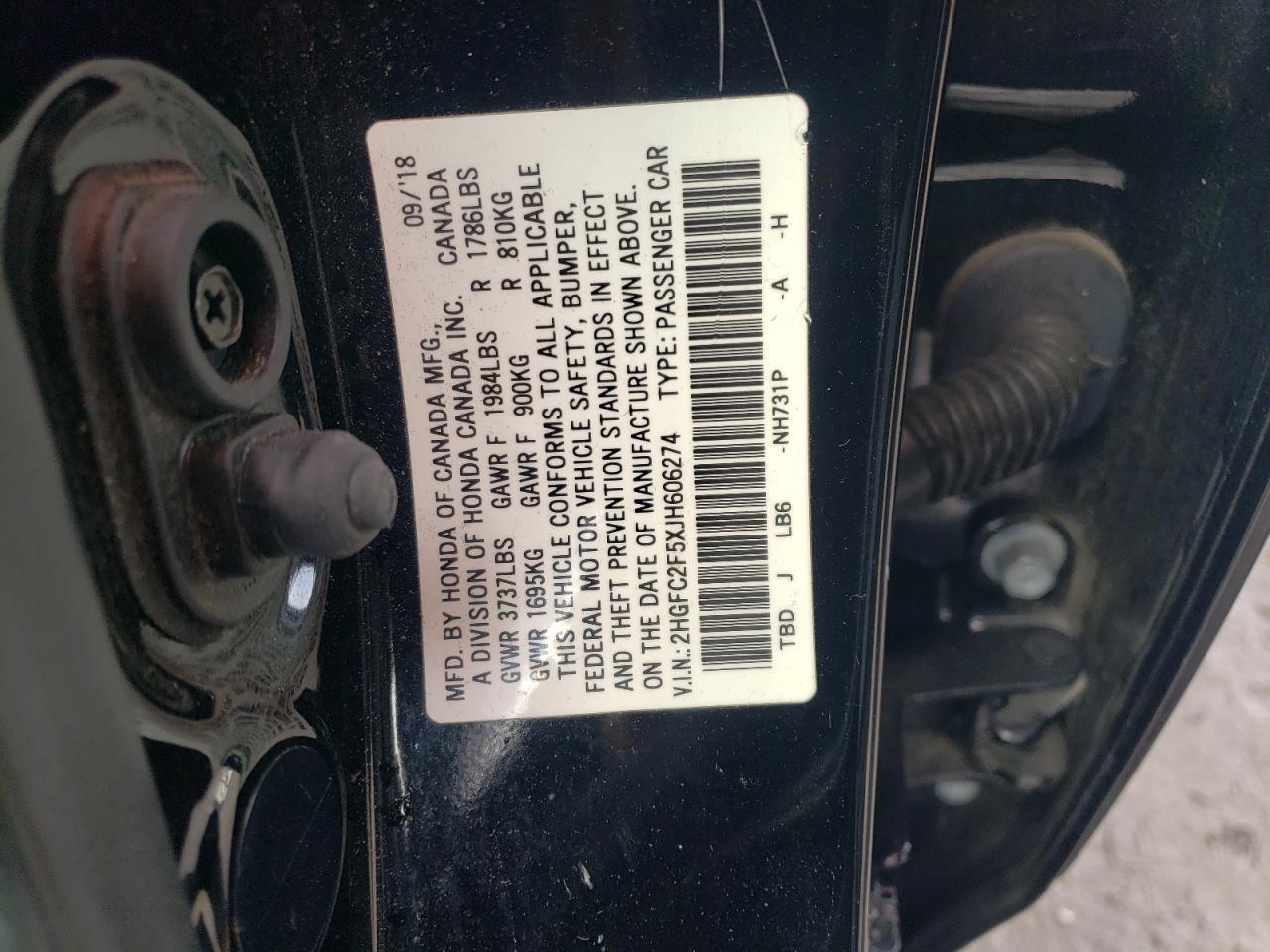 2018 Honda Civic VIN 2HGFC2F5XJH606274 Copart auction photo, front end damage thumbnail 12