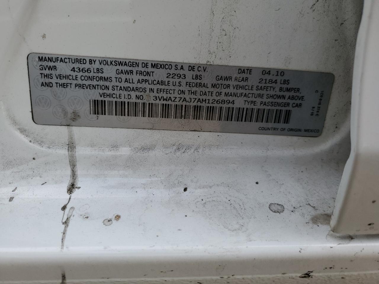 2010 Volkswagen Jetta VIN 3VWAZ7AJ7AM126894 Copart auction photo, front end damage thumbnail 13