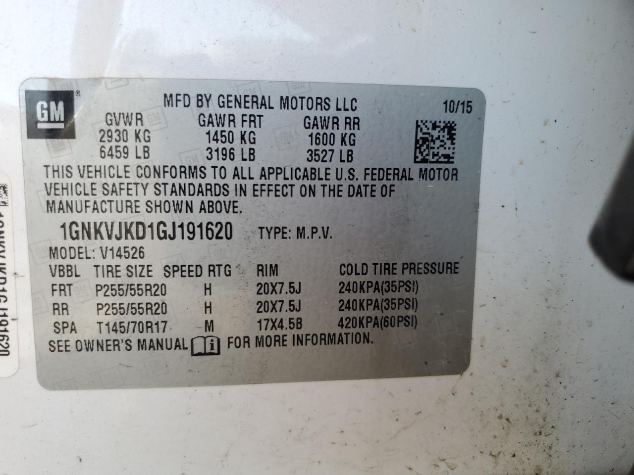 2016 Chevrolet Traverse VIN 1GNKVJKD1GJ191620 Copart auction photo, burn damage thumbnail 13