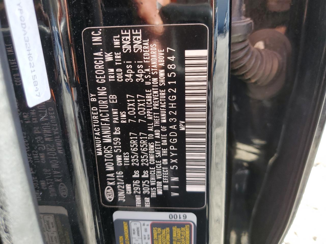 2017 KIA Sorento VIN 5XYPGDA32HG215847 Copart auction photo, all over damage thumbnail 13