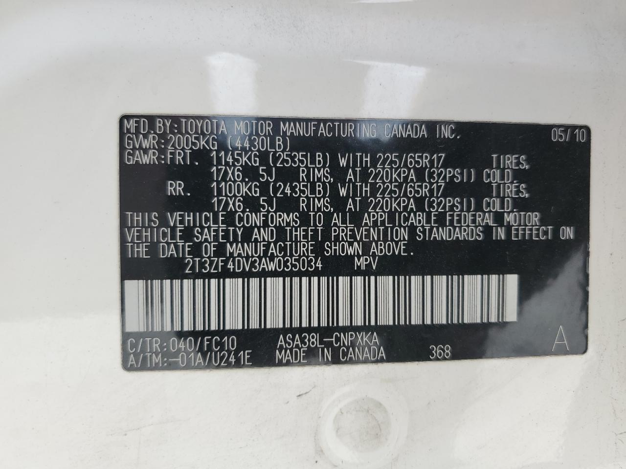 2010 Toyota RAV 4 VIN 2T3ZF4DV3AW035034 Copart auction photo, frame damage damage thumbnail 13