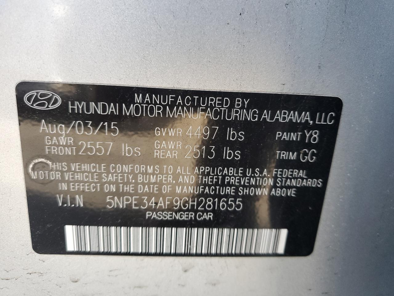 2016 Hyundai Sonata VIN 5NPE34AF9GH281655 Copart auction photo, rear end damage thumbnail 12