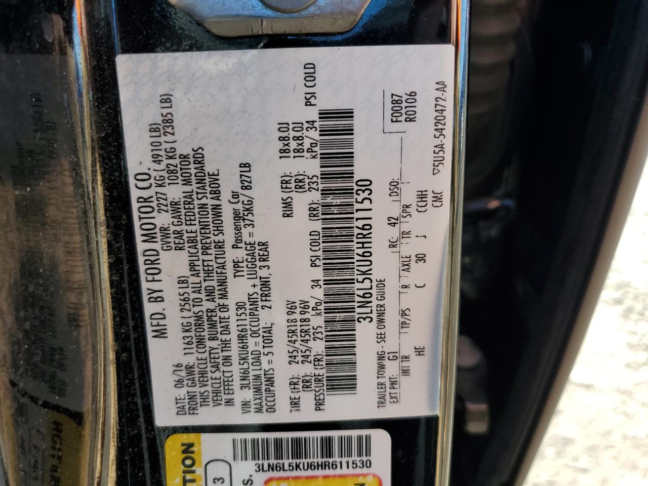 2017 Lincoln MKZ VIN 3LN6L5KU6HR611530 Copart auction photo, front end damage thumbnail 12