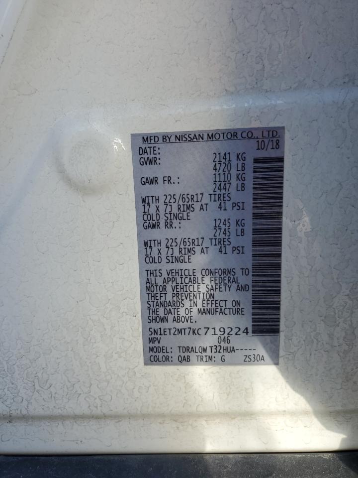 2019 Nissan Rogue VIN 5N1ET2MT7KC719224 Copart auction photo, front end damage thumbnail 12