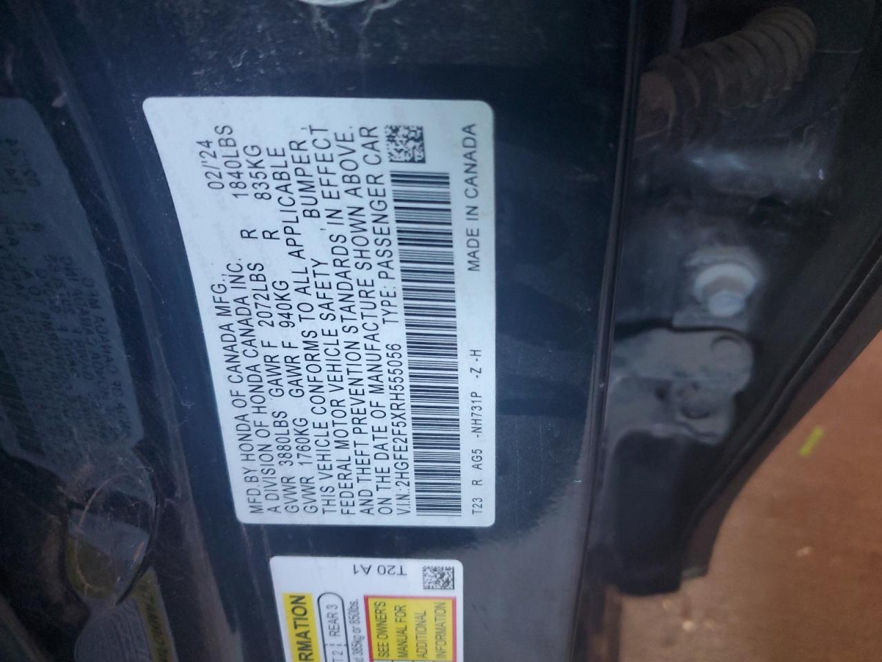 2024 Honda Civic VIN 2HGFE2F5XRH555056 Copart auction photo, front end damage thumbnail 12