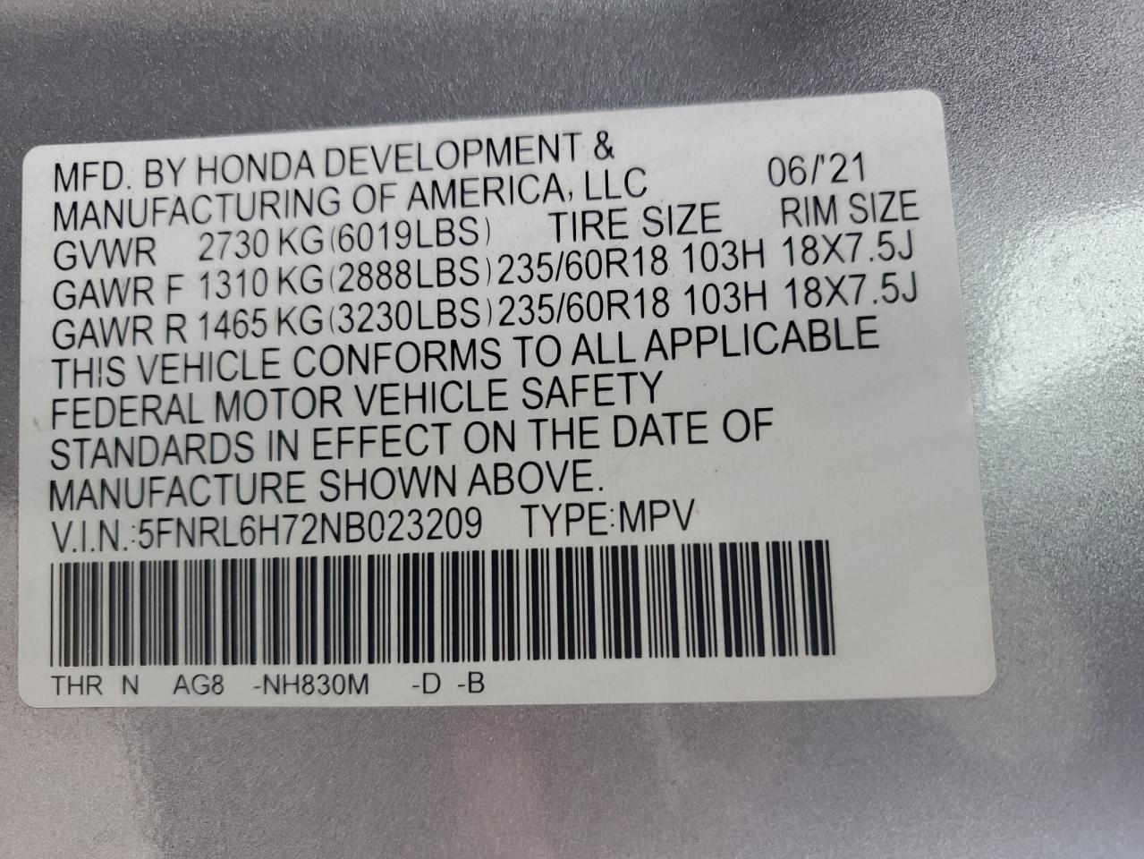 2022 Honda Odyssey VIN 5FNRL6H72NB023209 Copart auction photo, front end / minor dent/scratches damage thumbnail 13