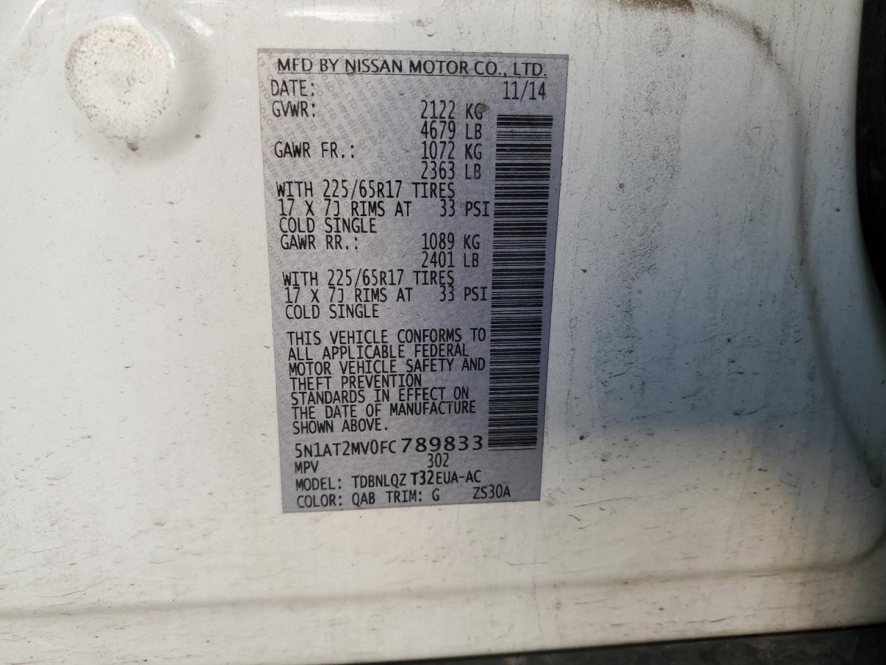 2015 Nissan Rogue VIN 5N1AT2MV0FC789833 Copart auction photo, rear end / side damage thumbnail 15