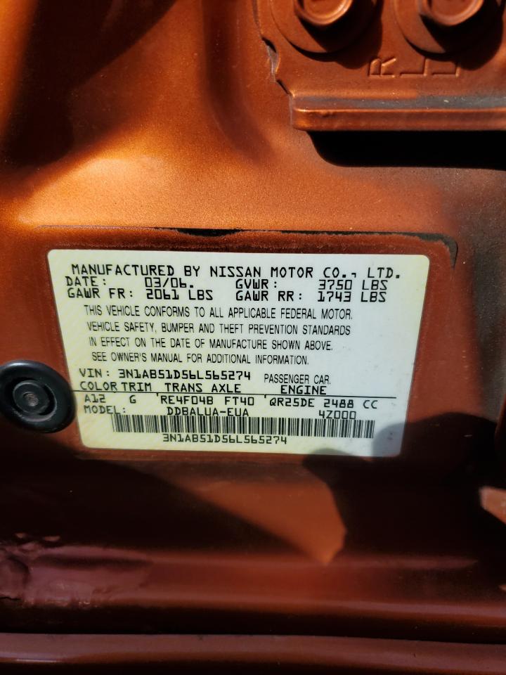 2006 Nissan Sentra VIN 3N1AB51D56L565274 Copart auction photo, minor dent/scratches / normal wear damage thumbnail 12