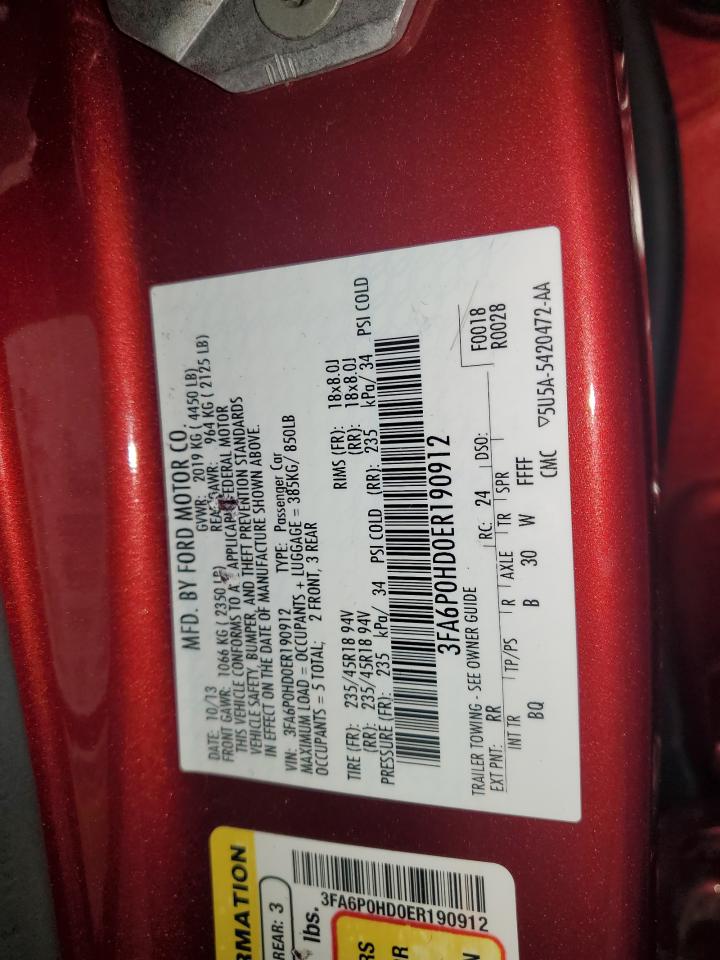 2014 Ford Fusion VIN 3FA6P0HD0ER190912 Copart auction photo, front end damage thumbnail 13