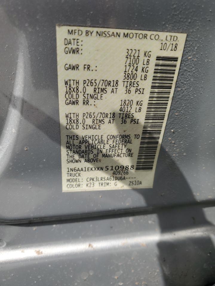 2019 Nissan Titan VIN 1N6AA1EKXKN510988 Copart auction photo, water/flood / all over damage thumbnail 13