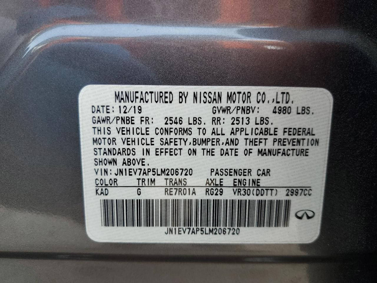 2020 Infiniti Q50 VIN JN1EV7AP5LM206720 Copart auction photo, front end / minor dent/scratches damage thumbnail 13