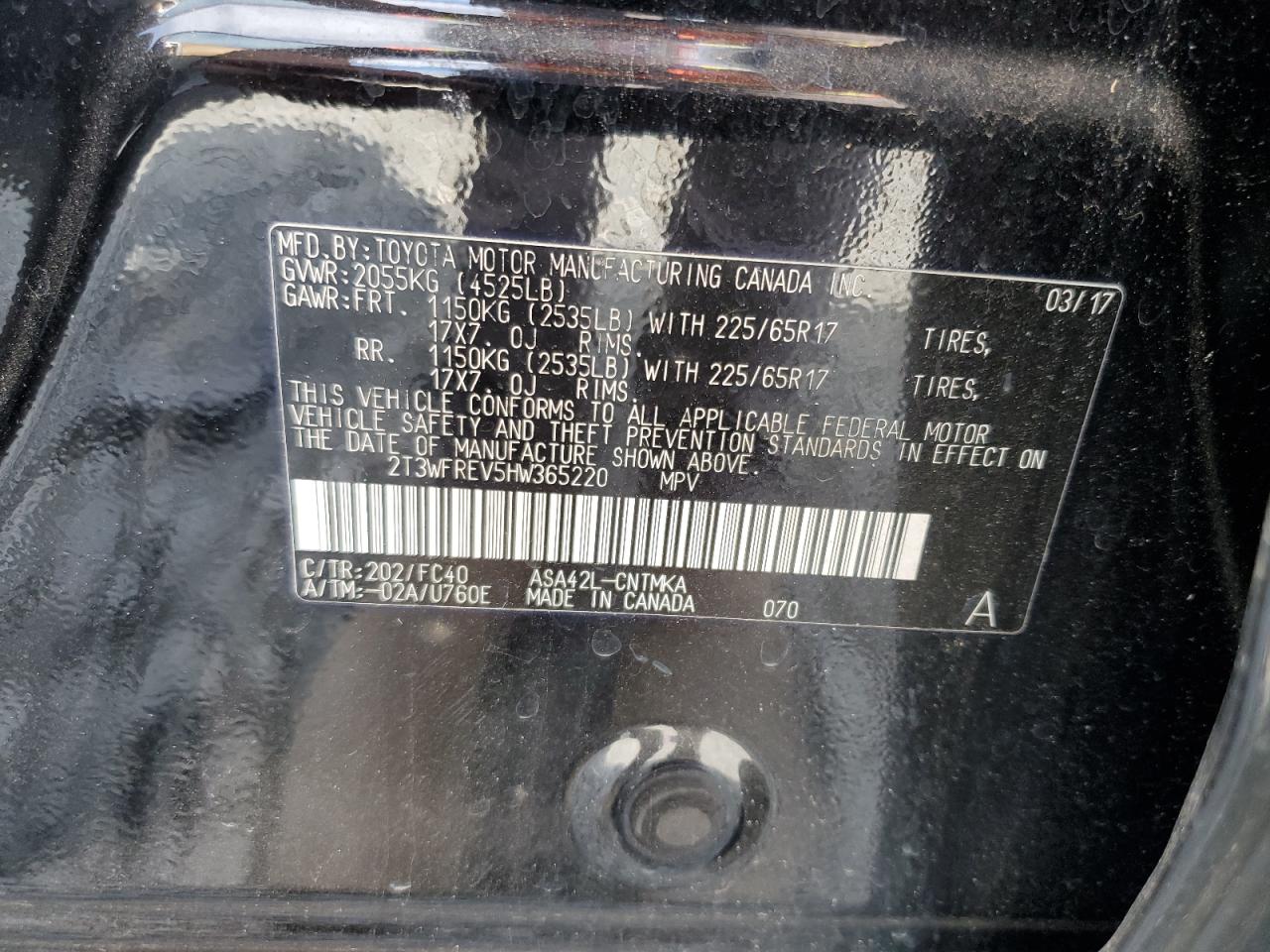 2017 Toyota RAV 4 VIN 2T3WFREV5HW365220 Copart auction photo, rollover damage thumbnail 14