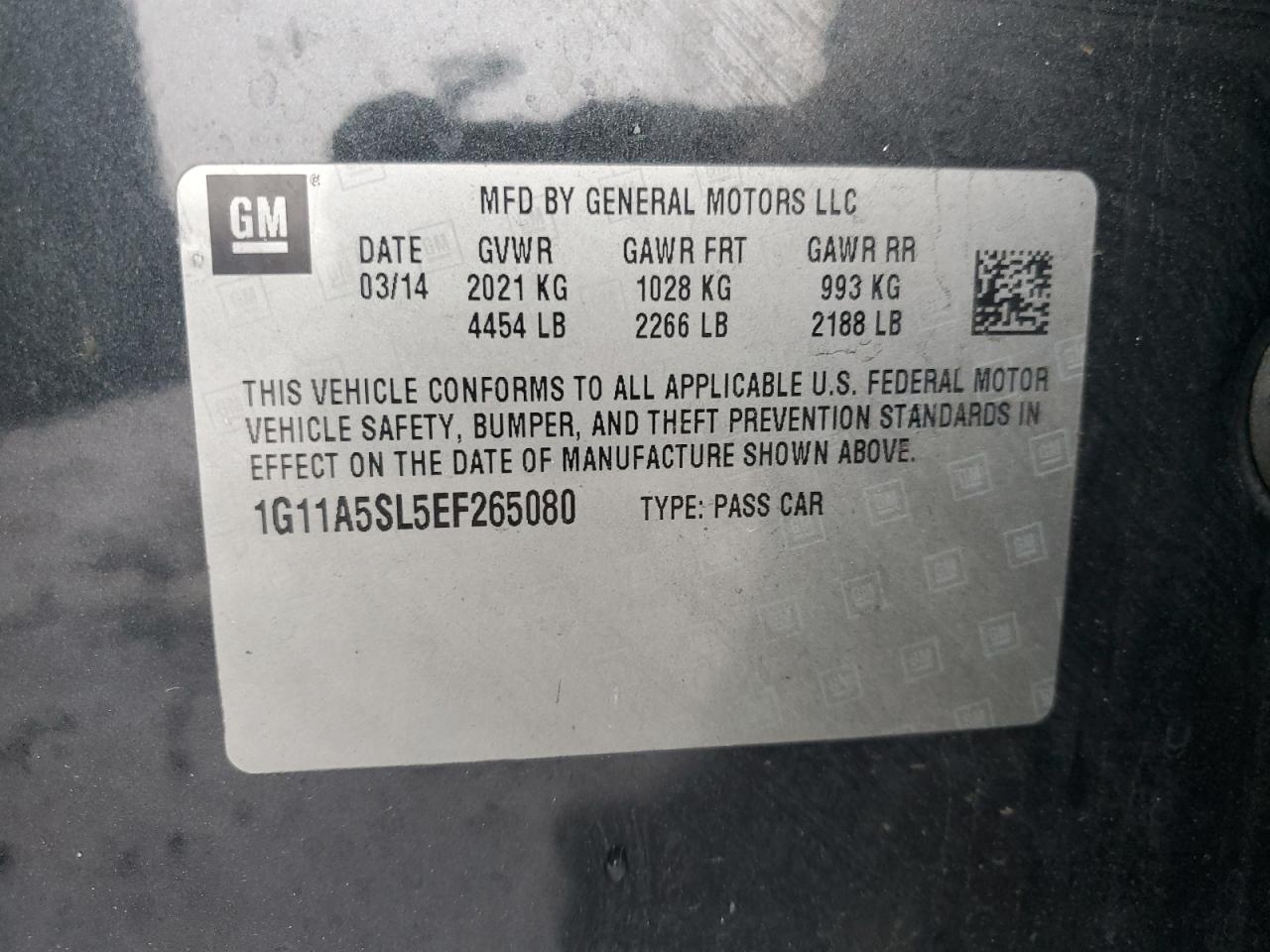 2014 Chevrolet Malibu VIN 1G11A5SL5EF265080 Copart auction photo, rear end damage thumbnail 13