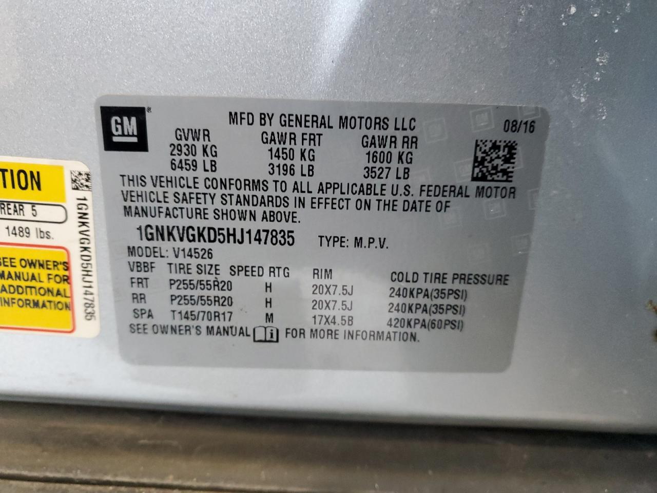 2017 Chevrolet Traverse VIN 1GNKVGKD5HJ147835 Copart auction photo, all over damage thumbnail 13