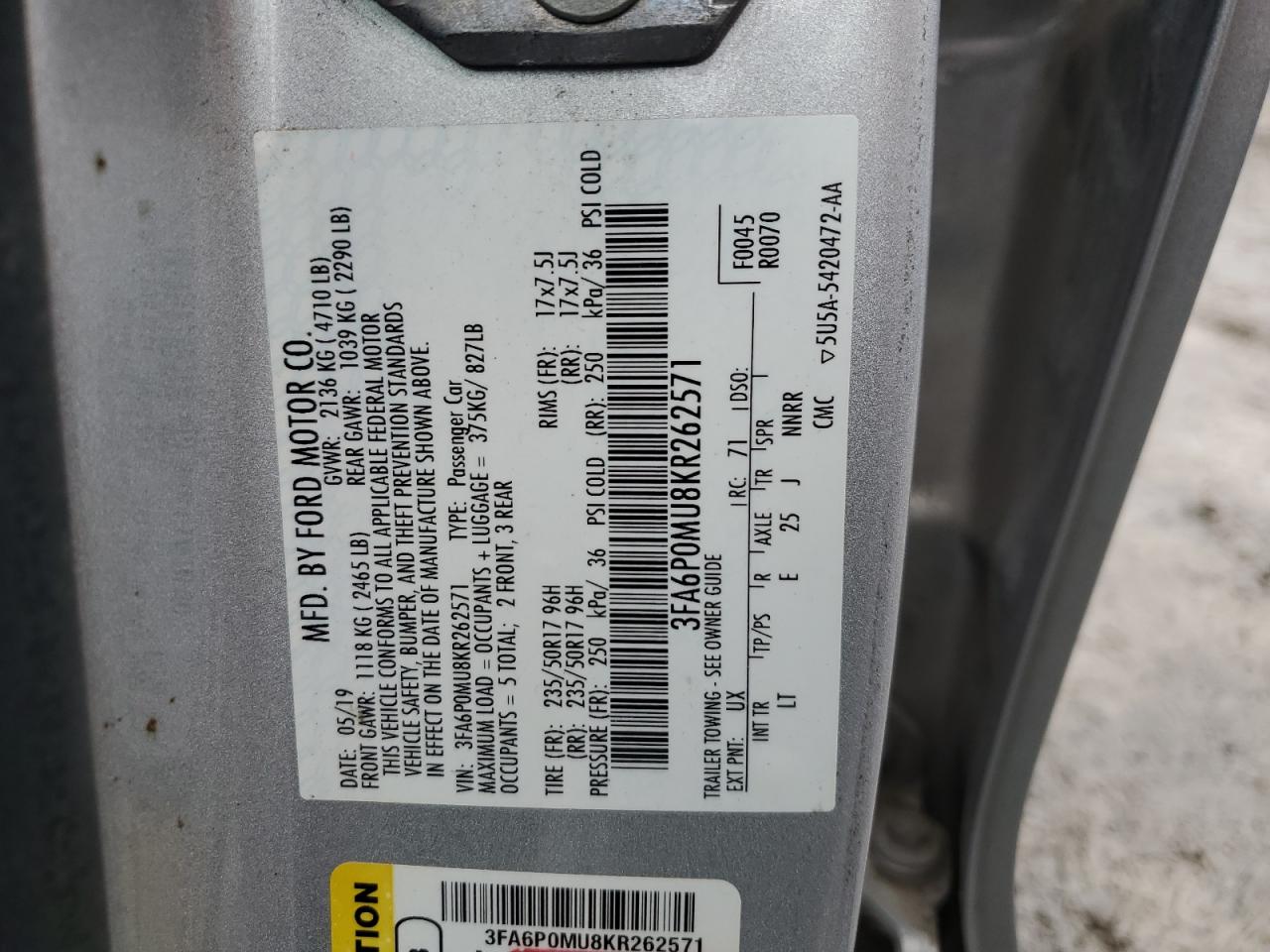 2019 Ford Fusion VIN 3FA6P0MU8KR262571 Copart auction photo, front end / side damage thumbnail 12