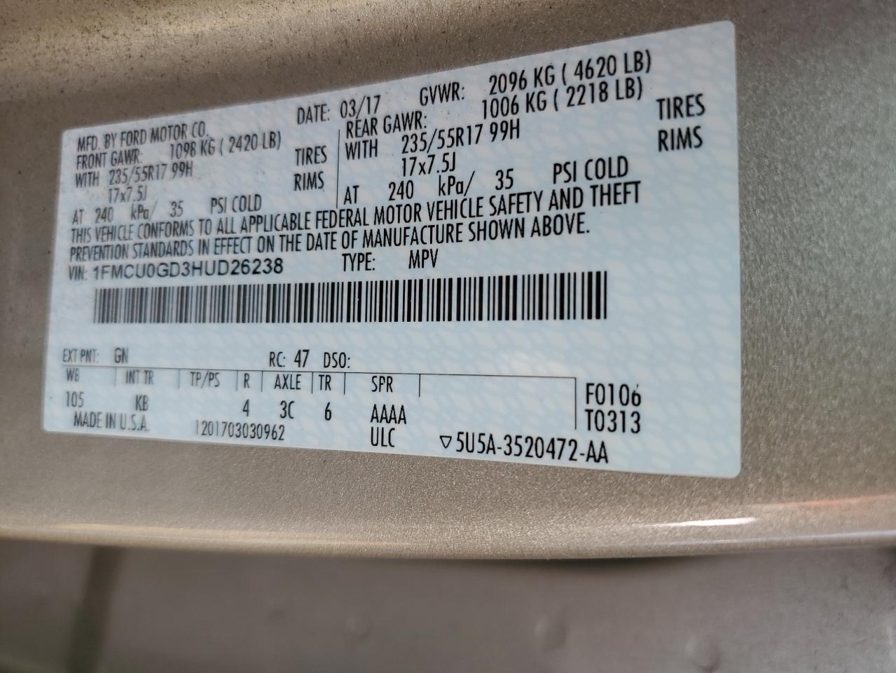 2017 Ford Escape VIN 1FMCU0GD3HUD26238 Copart auction photo, side damage thumbnail 13