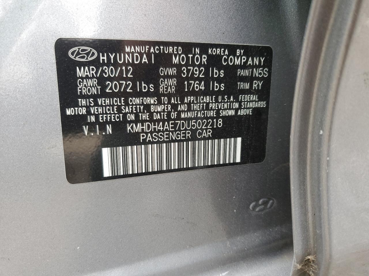 2013 Hyundai Elantra VIN KMHDH4AE7DU502218 Copart auction photo, all over / side damage thumbnail 12