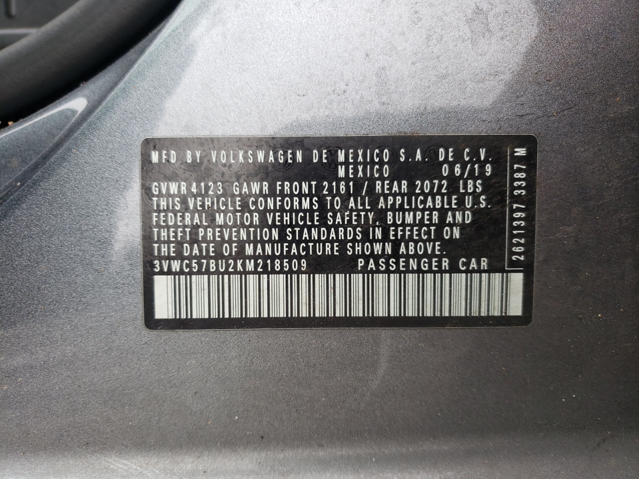 2019 Volkswagen Jetta VIN 3VWC57BU2KM218509 Copart auction photo, side damage thumbnail 12