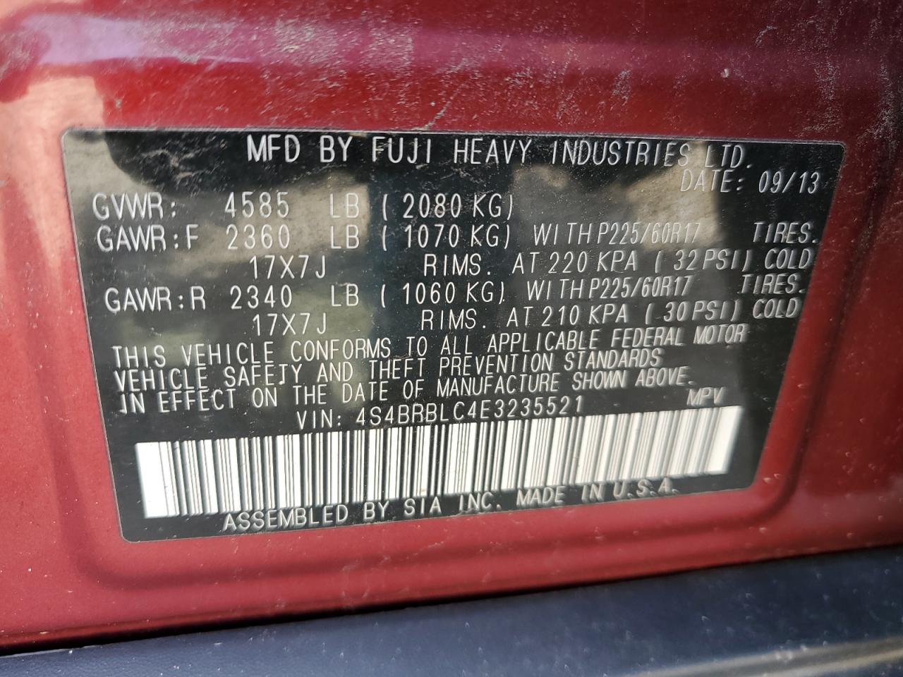 2014 Subaru Outback VIN 4S4BRBLC4E3235521 Copart auction photo, front end damage thumbnail 13