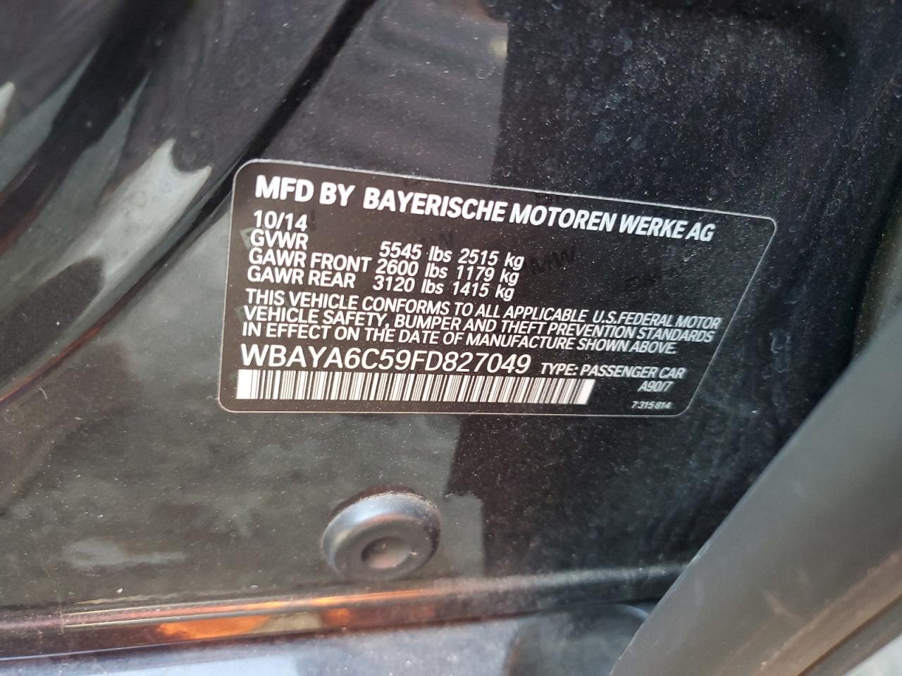 2015 BMW 7er VIN WBAYA6C59FD827049 Copart auction photo, rear end damage thumbnail 13
