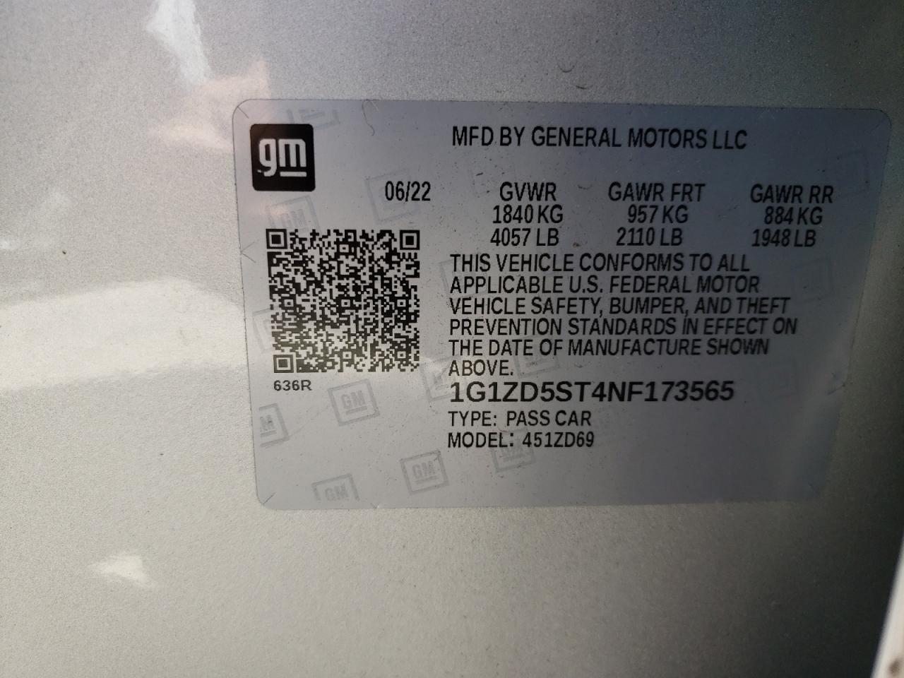 2022 Chevrolet Malibu VIN 1G1ZD5ST4NF173565 Copart auction photo, front end damage thumbnail 13