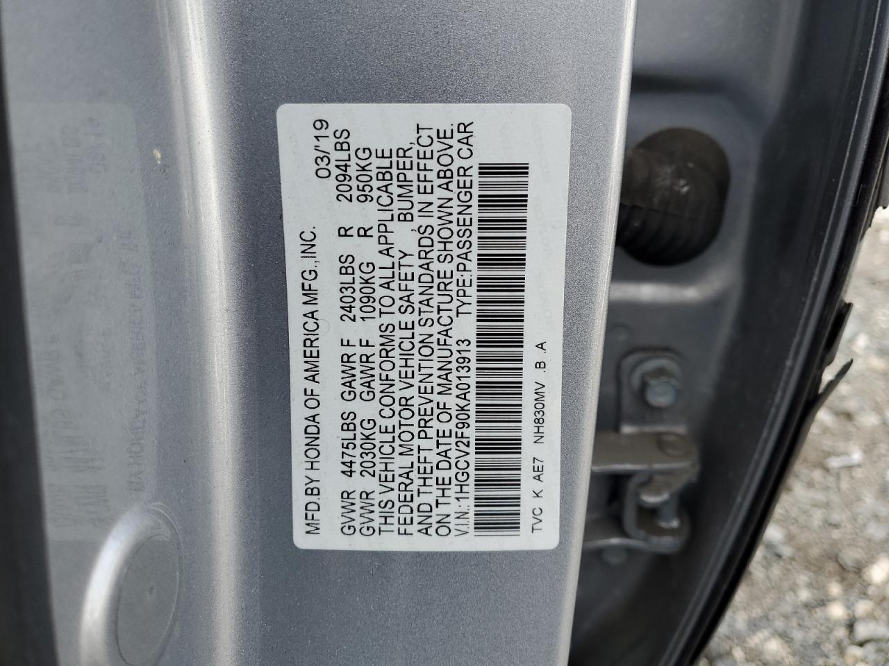2019 Honda Accord VIN 1HGCV2F90KA013913 Copart auction photo, side damage thumbnail 12