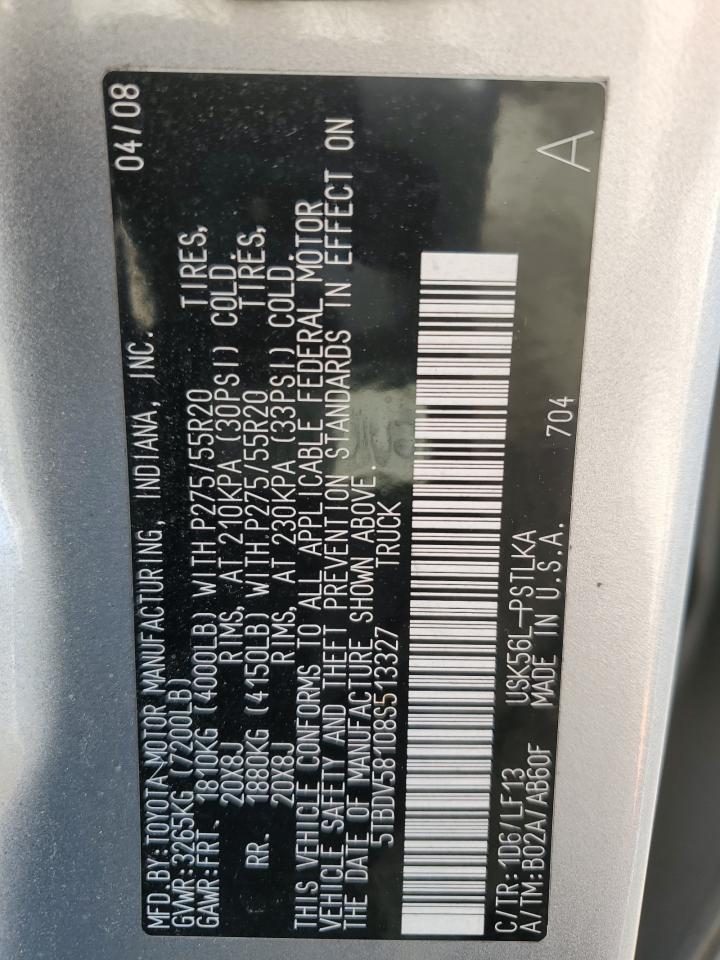 2008 Toyota Tundra VIN 5TBDV58108S513327 Copart auction photo, front end / minor dent/scratches damage thumbnail 13