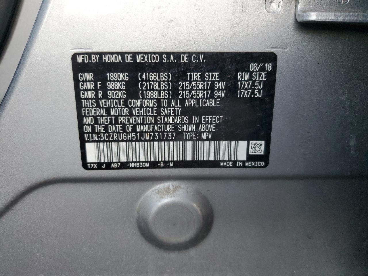2018 Honda HR-V VIN 3CZRU6H51JM731737 Copart auction photo, all over damage thumbnail 15