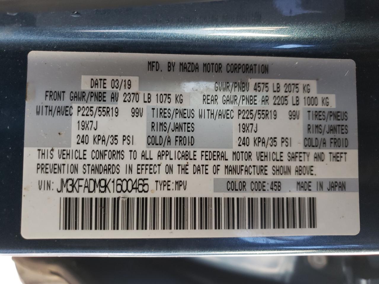 2019 Mazda CX-5 VIN JM3KFADM9K1600465 Copart auction photo, front end / side damage thumbnail 13