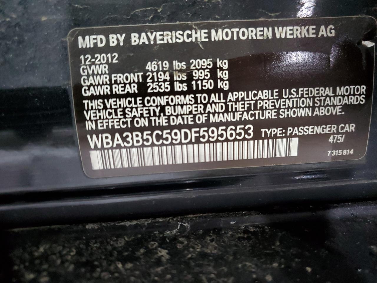 2013 BMW 3er VIN WBA3B5C59DF595653 Copart auction photo, front end damage thumbnail 13
